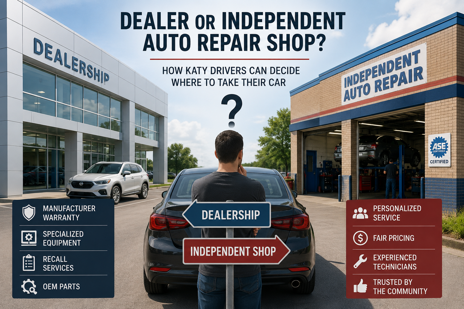 Dealer vs independent auto repair shop comparison showing a Katy driver deciding where to take their car for service and repairs.